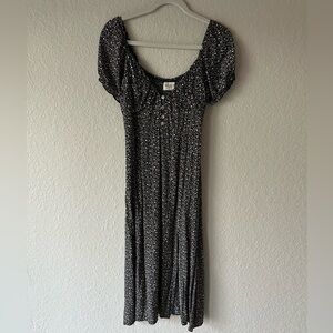 Kiss the Sky Black Floral Midi Dress Puff Sleeve Square Neck – Women’s Size L